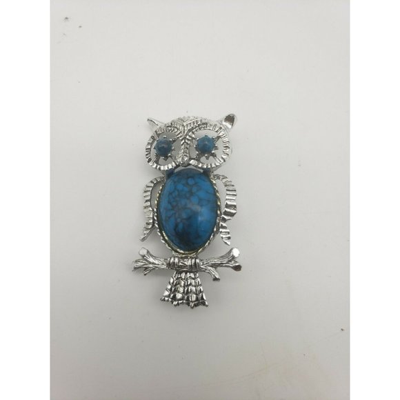 Vintage Signed Gerry’s Pin/Brooch Owl Silver Tone And Blue Turquoise - Picture 2 of 5